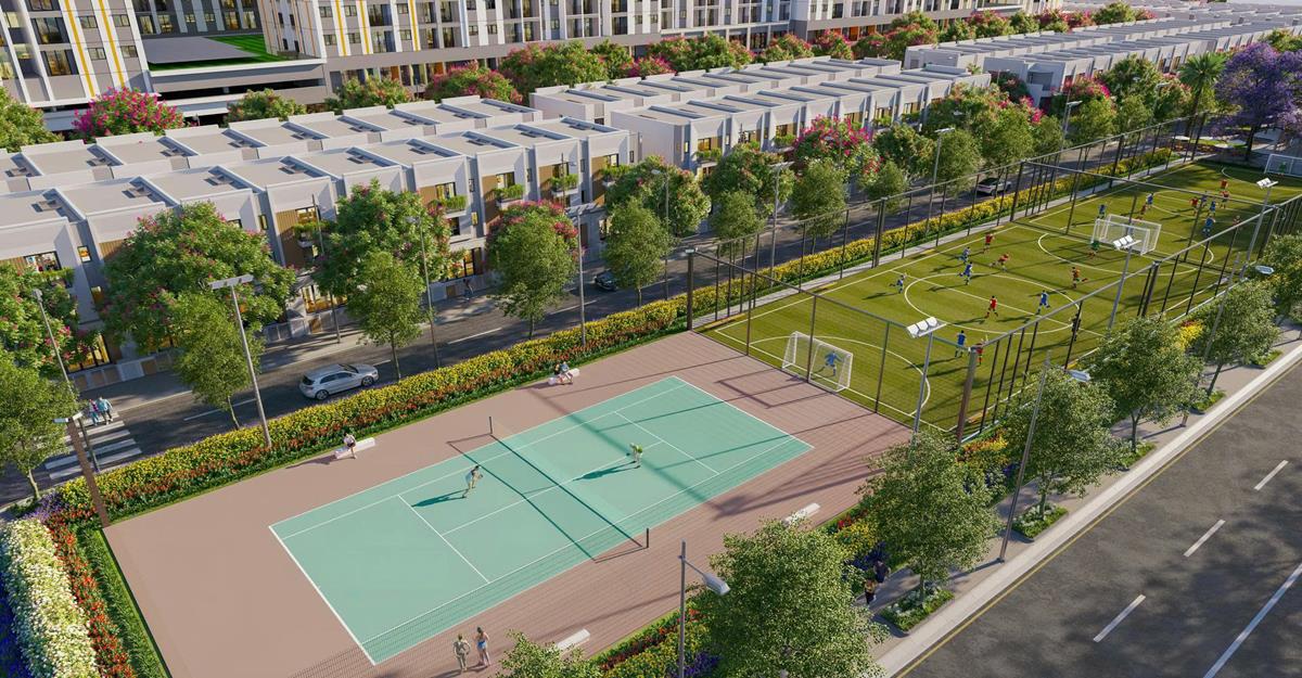 Cụm tiện ích thể thao: Pickleball, tennis, bóng đá và clubhouse đang triển khai sôi nổi.